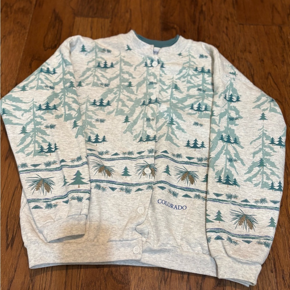 Vintage Artisans Colorado Forest Print Button Sweatshirt | Made USA Large Crew